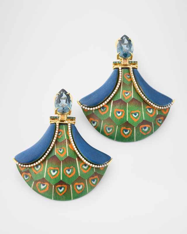 Peacock Marquetry Earrings with Diamonds, Sapphires and Emeralds
